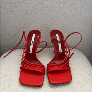 Zara Orange-Red Lace-Up Heeled Sandals — New / Never Worn